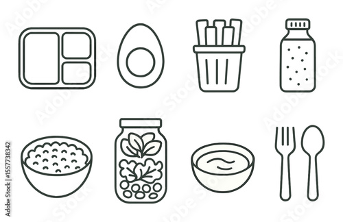 Healthy meal icons set – outline style, nutritious and balanced food symbols