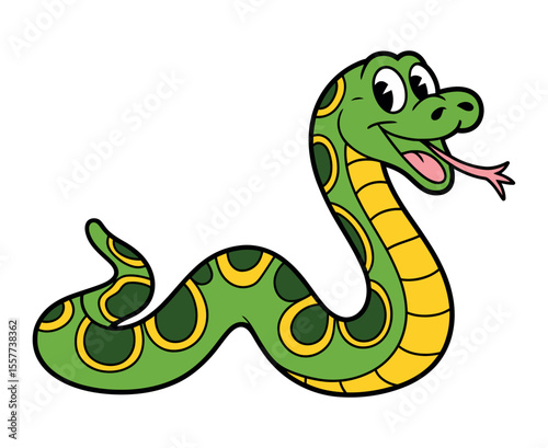 Cute Cartoon Snake with Green and Yellow Pattern Smiling cartoon snake patterned body snake cartoon cute animal reptile green yellow pattern drawing illustration