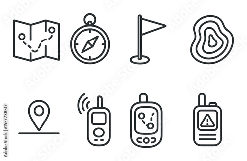 Navigation icons set – linear style, map and direction symbols for easy guidance