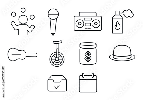 Street performance icons set – outline, entertainment and urban activity symbols