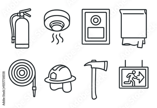 Fire safety icons set – outline, emergency and protection symbols for hazard awareness
