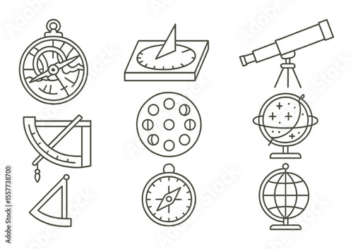 Ancient astronomy icons set – outline, celestial navigation and stargazing symbols