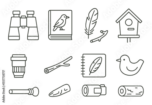Birdwatching and deep sea icons set – line style, nature and marine symbols