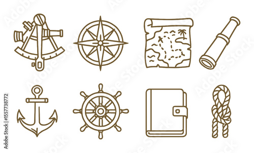 Nautical navigation icons set – outline, marine adventure, and maritime elements