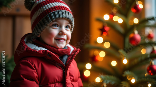 young boy bundled winter gear stands beside festively lit christmas tree adorned twinkling lights red ornaments