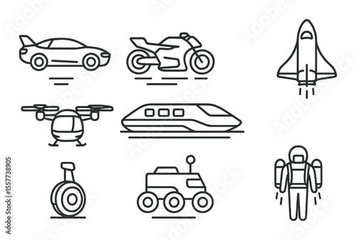Futuristic vehicle icons set – outline, modern transport and innovation symbols