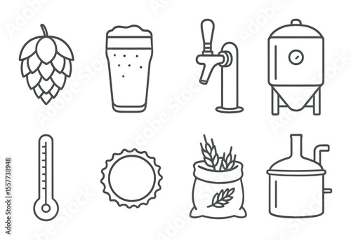 Craft beer icons set in outline style – brewing, hops and ale graphics