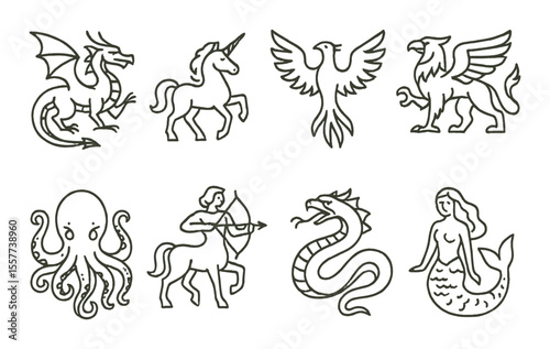 Mythical creatures icons set – outline, fantasy and legendary figure symbols