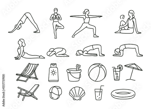 Yoga and beach icons set – outline style, wellness and relaxation symbols