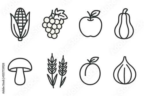 Harvest and agriculture icons set – linear, farming and crop collection symbols