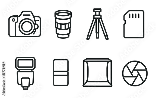 Photography gear icons set – line, equipment and camera symbols for creatives