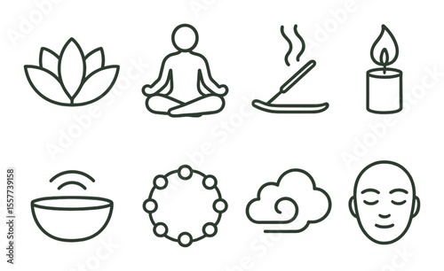 Meditation and relaxation icons set - line, mindfulness and wellness symbols