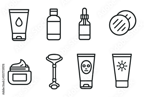 Skincare routine icons set – linear, beauty and treatment symbols for self-care design
