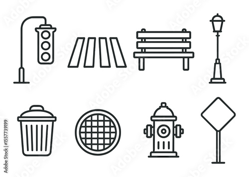 Urban street icons set – silhouette, cityscape and municipal symbols collection