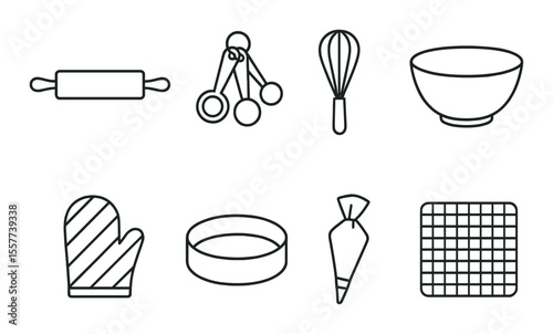 Baking tools icons set – outline, kitchenware and culinary essentials graphics