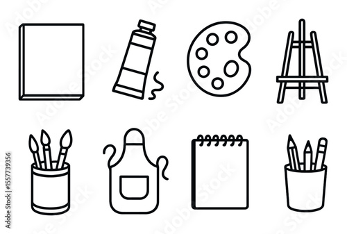 Art studio essentials icons set – outline, drawing and painting tools collection