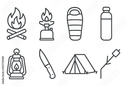 Camping essentials silhouette icons set - outdoor gear, adventure and hiking symbols