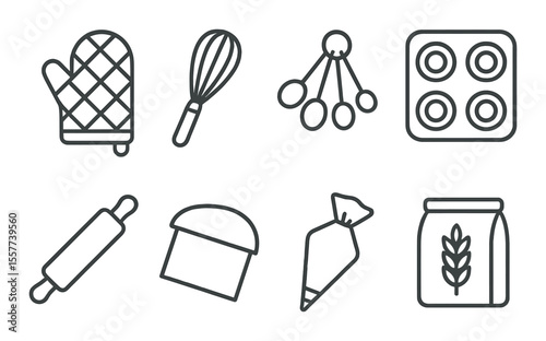 Bakery tools outline icons set – kitchen utensils, baking equipment symbols