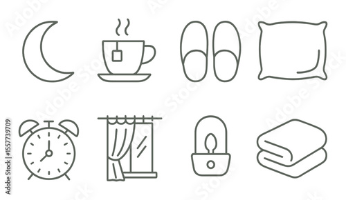 Bedtime essentials icons set – simple silhouette, night and sleep symbols