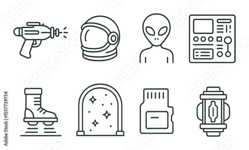 Futuristic sci-fi icons set – silhouette, alien technology and space exploration symbols
