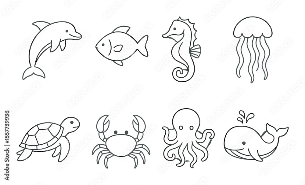 Naklejka premium Aquatic icons set – outline, sea creature and marine life symbols for design