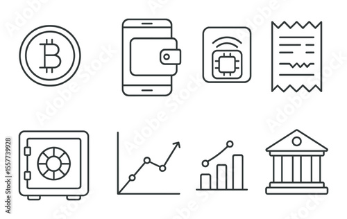 Digital finance icons set – outline, banking, cryptocurrency and fintech symbols
