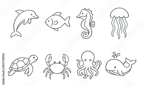 Aquatic icons set – outline, sea creature and marine life symbols for design