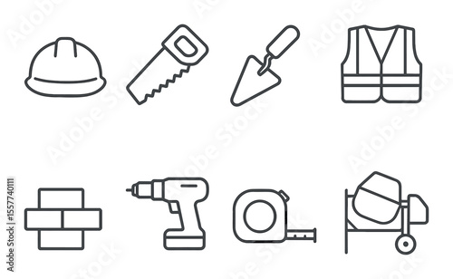 Construction tools icons set – line style, building and equipment symbols for design