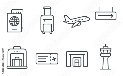 Airport essentials icons set – outline, travel and aviation signs for planners