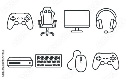 Gaming gear icons set – outline, hardware and accessories symbols for gamers
