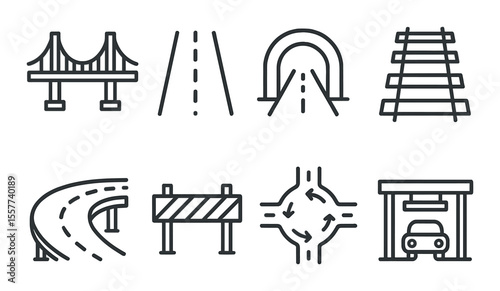 Transportation icons set in linear style – road, transit, and travel symbols collection