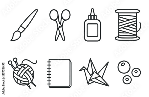 Creative craft tools icons set – outline, simple art supplies and diy symbols