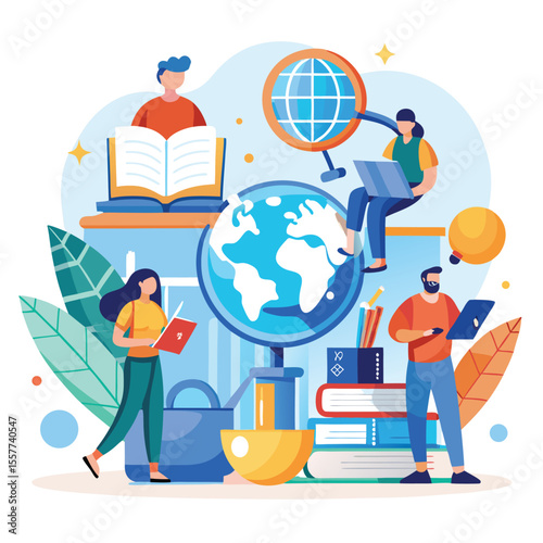 Flat Design Global Education Illustration Students Books Globe Laptop