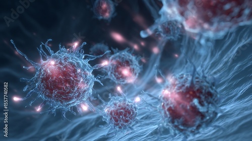 Detailed AI visualization of immunotherapy targeting melanoma cells T cells attacking cancerous skin cells light effects showing bio interaction at nano scale