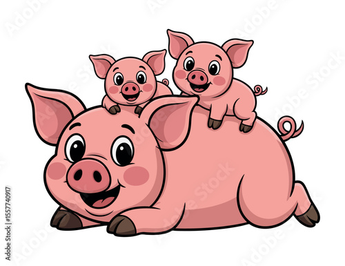 Cartoon Illustration of a Mother Pig with Two Piglets Cute cartoon pigs mother pig two piglets her back pig piglets mother pig cartoon