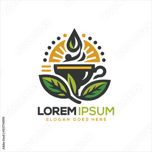 Natural Wellness Drink Logo – Leaf & Cup Emblem with Radiant Droplet Design, Perfect for Organic Tea, Health Café, or Holistic Beverage Branding