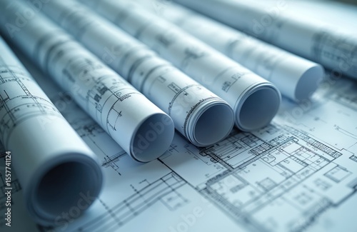 Rolled architectural blueprints, technical drawings displayed. Construction plans, industrial design charts, project diagrams, engineering schematics. Paper rolls, draft detail project, building