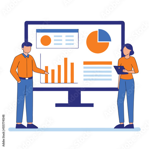 Two People Analyzing Data on Large Computer Screen Orange Blue Flat Design