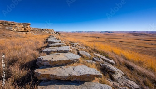 Stone Trail on a Hill Overlooking Vast Plains Scenic Landscape Photography Nature's Beauty Open Sky Serene View