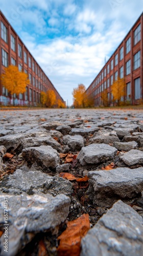 Exploring Abandoned Industrial Street with Stunning Fall Foliage Urban Landscape Wide-Angle View Nostalgia and Decay