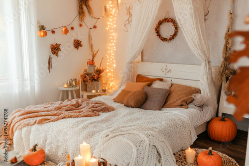 Interior of cozy bedroom with autumn decor and poufs