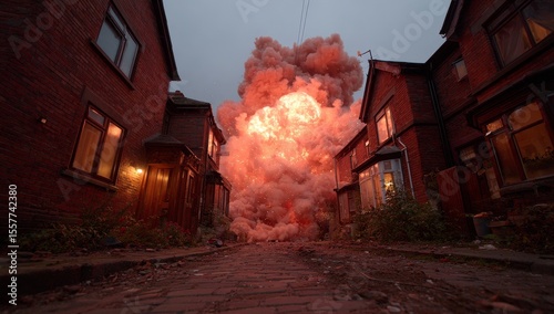Bomb Explosion in Urban Conflict Zone Destruction Scene Cinematic Viewpoint Dramatic Environment