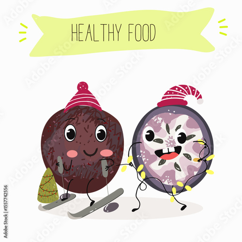 Cherry, fruit, dogwood, cornelian, cornus, funny cheerful characters. Vector hand drawn  illistration.