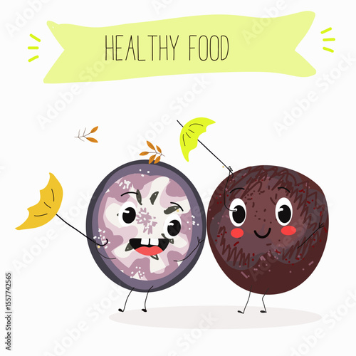 Cherry, fruit, dogwood, cornelian, cornus, funny cheerful characters. Vector hand drawn  illistration.