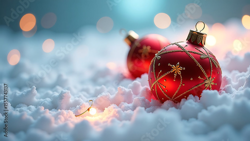 shot intricately designed red gold glass ornaments embedded layer frosted white paint surrounded halo soft