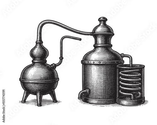 Vintage Vector Alcohol Distiller Illustration in Engraving Style