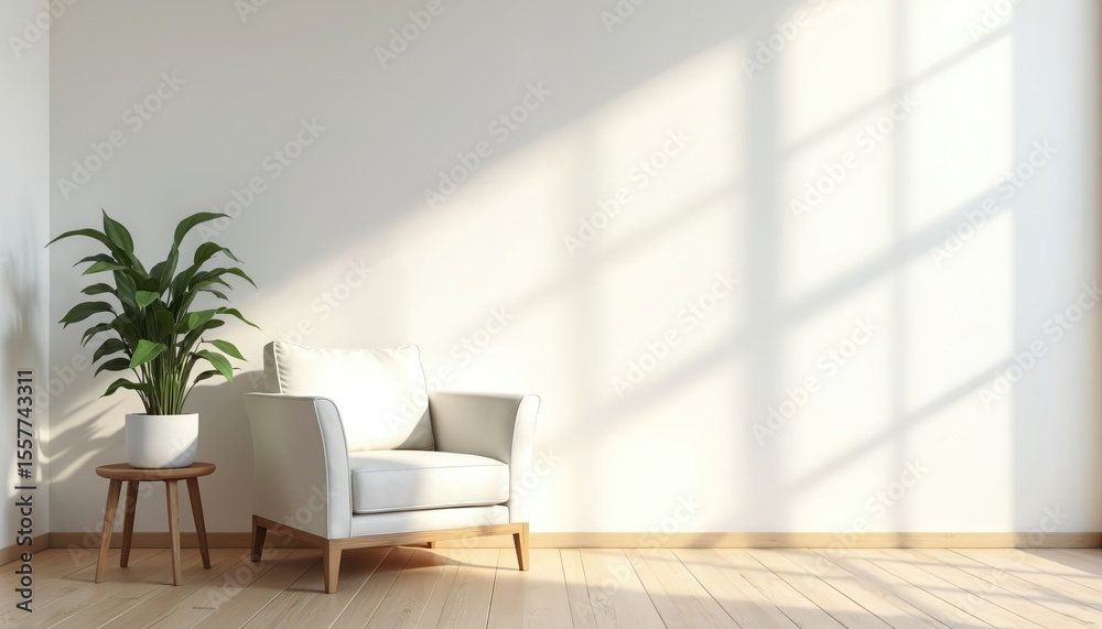 Fototapeta premium Modern minimalist living room interior. White armchair, wooden floor. Green plant in pot adds touch of nature, cozy mood. Natural light shadows from window. Home decor background. Elegant design.