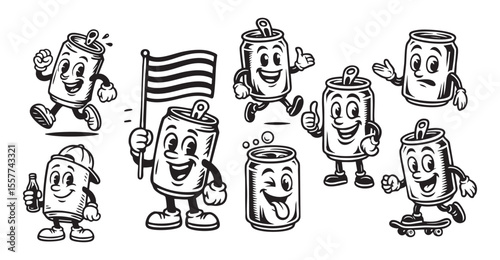 Cartoon Vector Soda Can Mascot Set with Funny Expressions