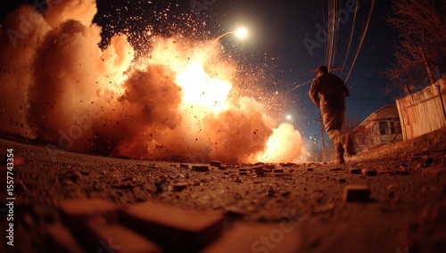 Intense Alleyway Explosion During Urban Conflict City Streets Photojournalism Nighttime Ground Level Chaos