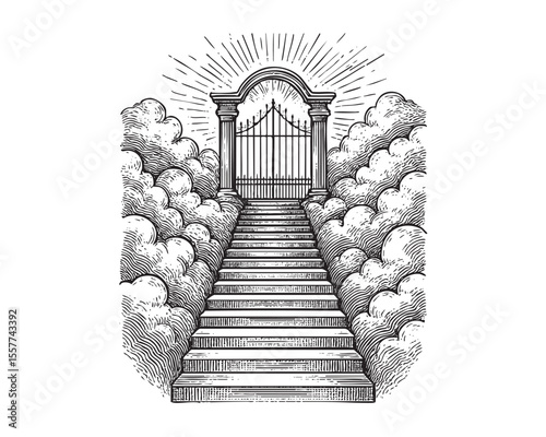 Vector Vintage Heaven Gate and Stairs with Clouds Illustration